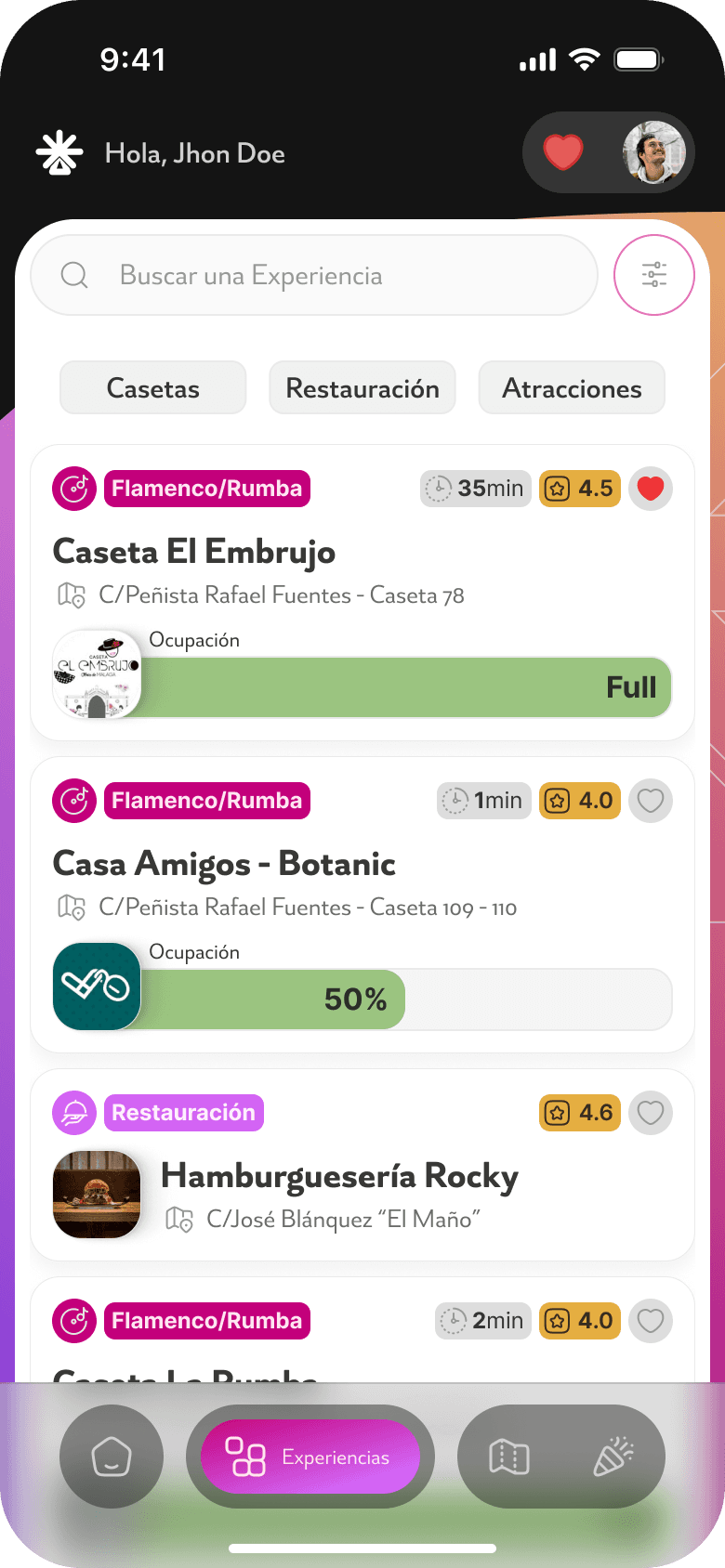 Lista de casetas y experiencias en FeriApp.
